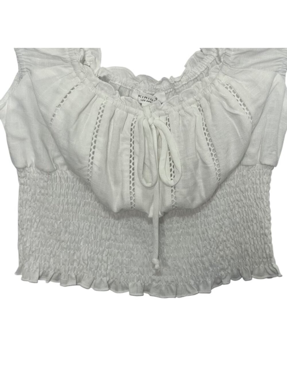 Kirious Smocked Crop Top‎ Linen Blend Large White New Milkmaid Babydoll - Picture 4 of 8